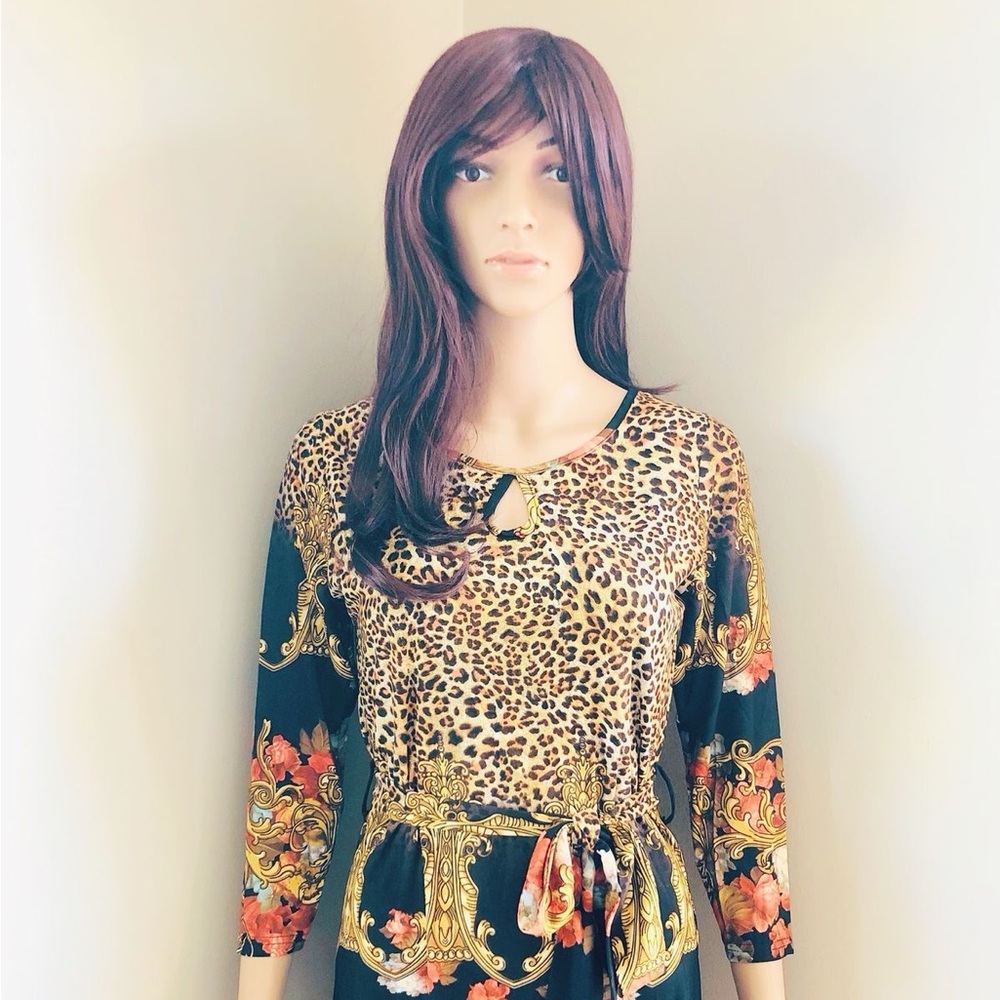 Elegant Leopard and Floral Midi Dress